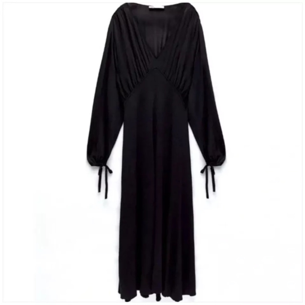 Zara Black Mixed Media Dress Knitted Maxi Deep V Neck